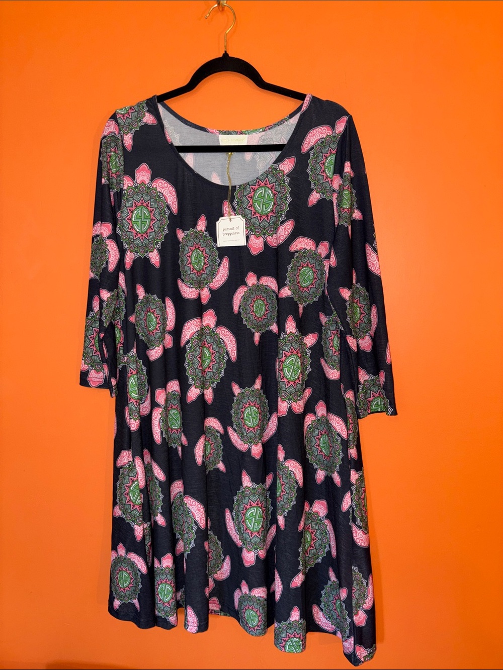 Simply Southern Black Swing Dress with Pink and Green Sea Turtles Size Large 14
